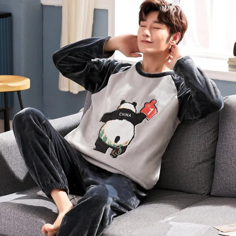 Pijama de lã coral masculino de 2 peças, gola redonda, manga comprida, conjuntos lounge, terno doméstico, impressão de moda, outono, inverno, homem, novo