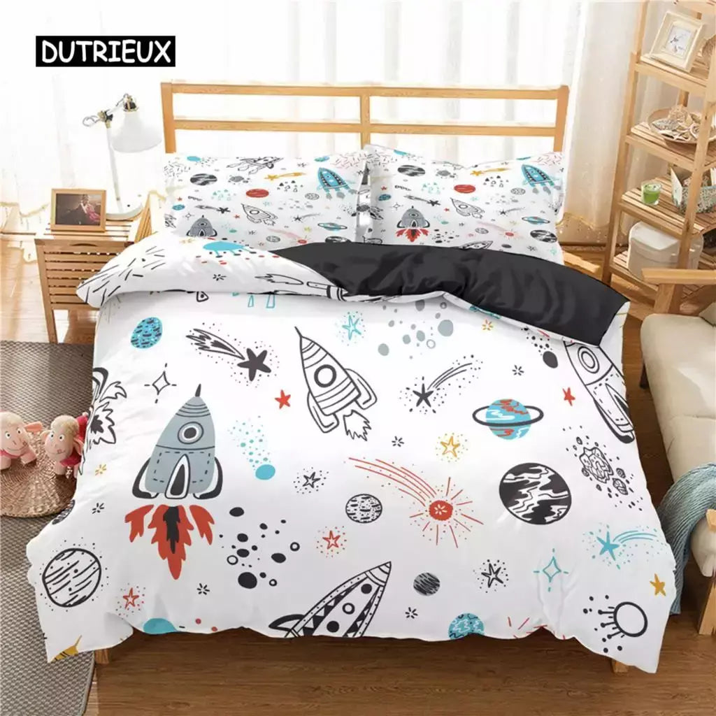 Conjunto de cama para meninos da aviação dos desenhos animados, astronauta Duvet Cover, Blue Sky Dream Quilt Cover, gêmeo, único, tamanhos duplos, fronha