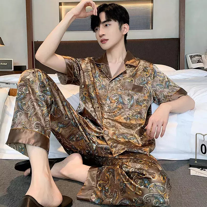 Conjuntos de pijama masculino de cetim de seda manga comprida, pijamas masculinos, camisola estampada, Casa, Soft Cozy Sleepwear Calças, Novo