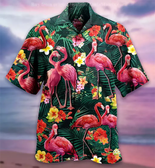 Flamingo desenho animado 3D dos homens camisa havaiana, roupas de praia extragrandes, manga curta, moda, verão, venda quente