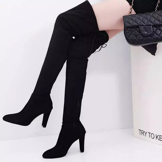 Botas femininas acima do joelho, tecidos elásticas, salto alto, sapatos de deslizamento, dedo apontado, longo, tamanho 34-43, inverno