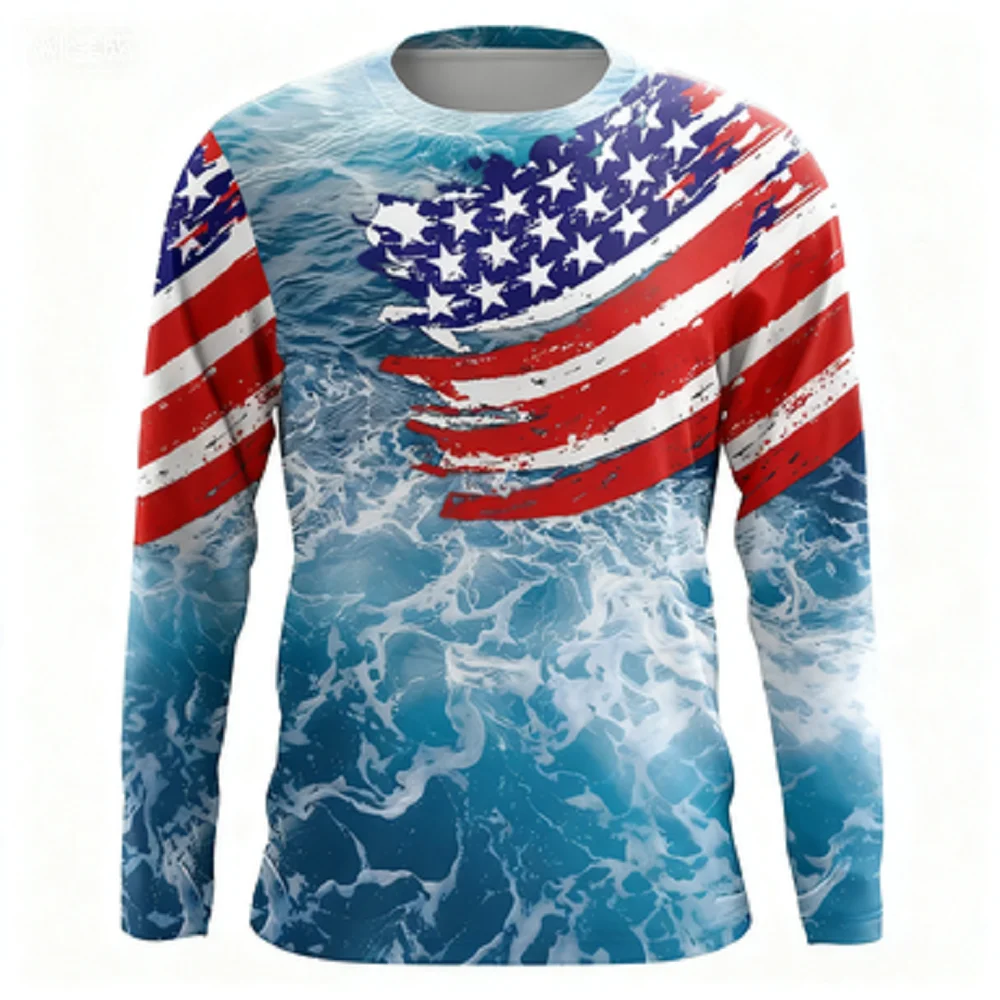 Estrelas e listras 3d impresso camiseta de pesca bandeira americana protetor solar ao ar livre respirável de secagem rápida esportes de manga comprida topos