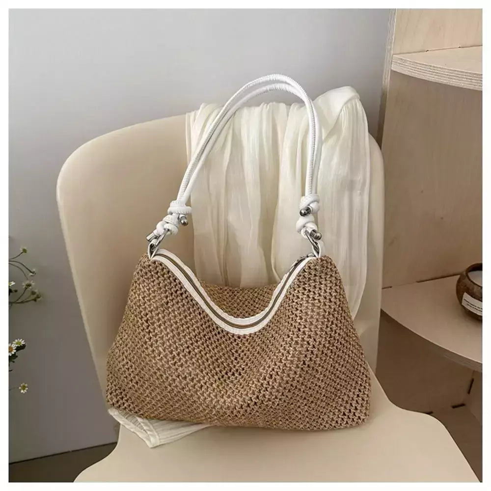 Saco de palha tecido Rattan para senhoras, sacola de grande capacidade, bolsa trançada artesanal, bolsa de ombro, moda