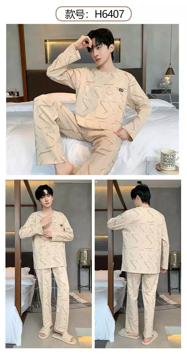 Pijama de algodão de duas peças masculino, calça de manga comprida, traje caseiro, estudante e adolescente, novo outono