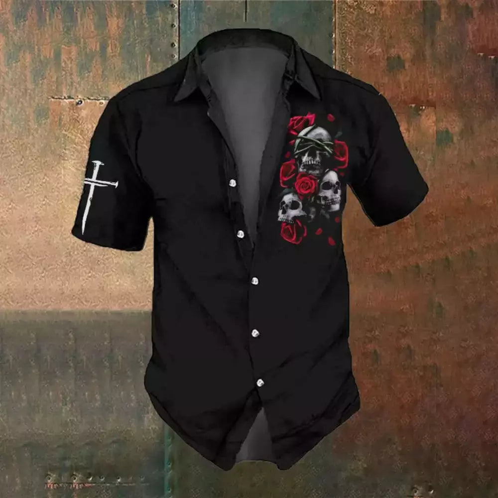 Camisa retrô masculina com estampa caveira rosa, roupa de festa, manga curta, casual, na moda, extragrande, tamanho S-5XL, moda, verão
