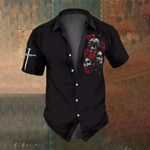 Camisa retrô masculina com estampa caveira rosa, roupa de festa, manga curta, casual, na moda, extragrande, tamanho S-5XL, moda, verão