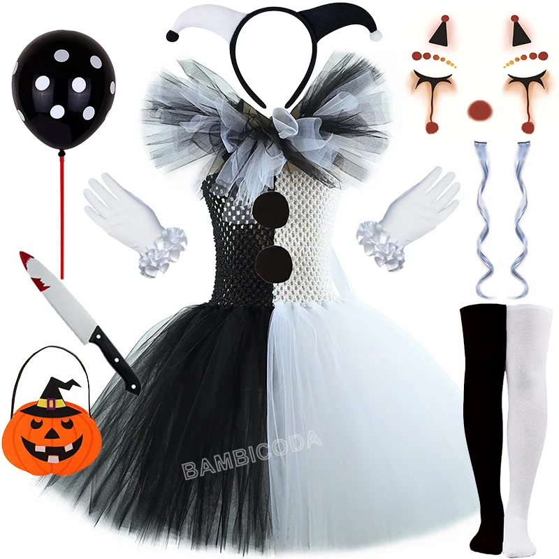 O traje de palhaço terrível arte menina preto branco fantasia tutu vestido horror coringa vestido para meninas trajes de festa de carnaval de halloween