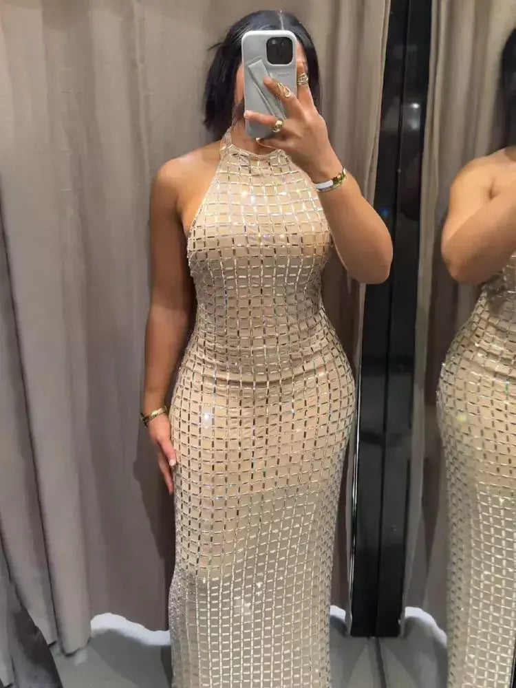Mulheres verão vestido longo moda magro sólido sem mangas sem costas decoração halter pescoço vestido elegante sexy festa vestido de noite ?