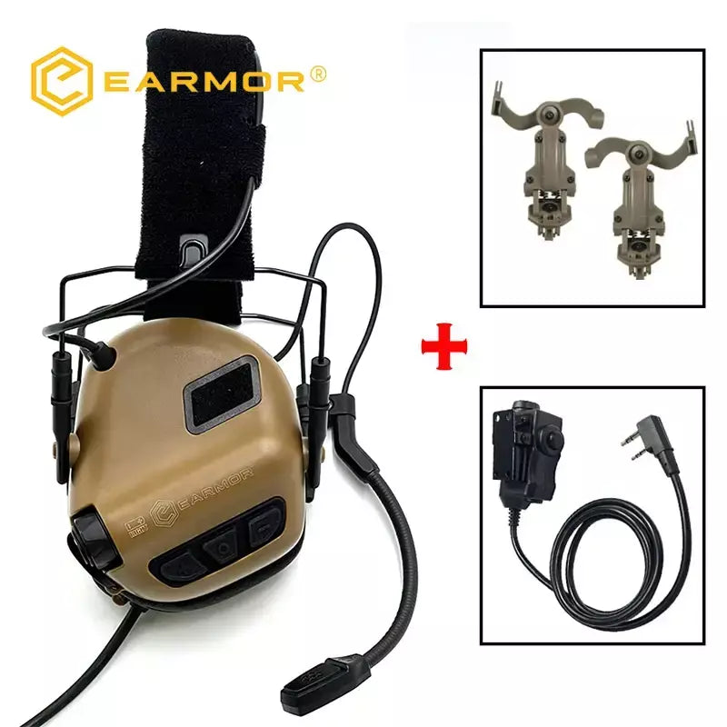Earmor m32 mod4/se tiro earmuffs tático redução de ruído fone com capacete arco ferroviário adaptador com kenwood ptt adaptador novo