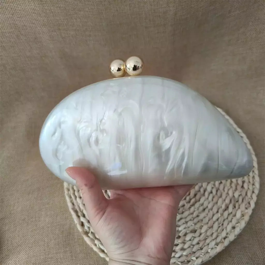 Oval Irregular Pérola Acrílico Box Evening Bag, Senhoras Designer De Luxo Bolsas, Festa De Casamento, Handmade Bolsas, Branco, Novo