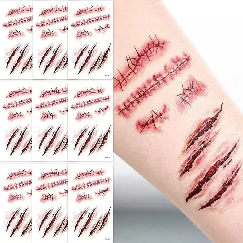 32 peças tatuagens temporárias de cicatriz falsa 3D de Halloween - designs de feridas sangrenas e zumbi para rosto/corpo, festa de fantasia, brincadeira e cosplay ?