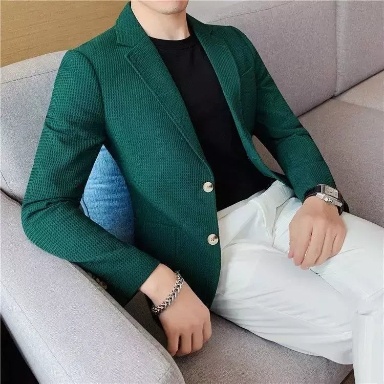 Ternos e blazers brancos masculinos, roupas estilo coreano, casacos com seios simples, jaquetas, jaqueta de waffle masculina, roupas