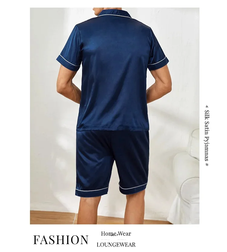Pijama de cardigã de seda gelada masculino de manga curta, cardigã simples, roupa doméstica pura colorida, tamanho grande, pijamas de duas peças, senior sense