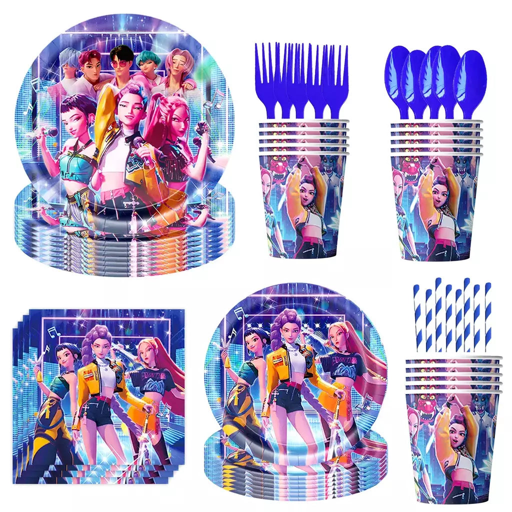 Conjunto de talheres para decoração de festa de aniversário, caçadores de demônios, copo, prato, guardanapo, banner, balão, meninas, coreano, kpop, anime, suprimentos de festa, decoração