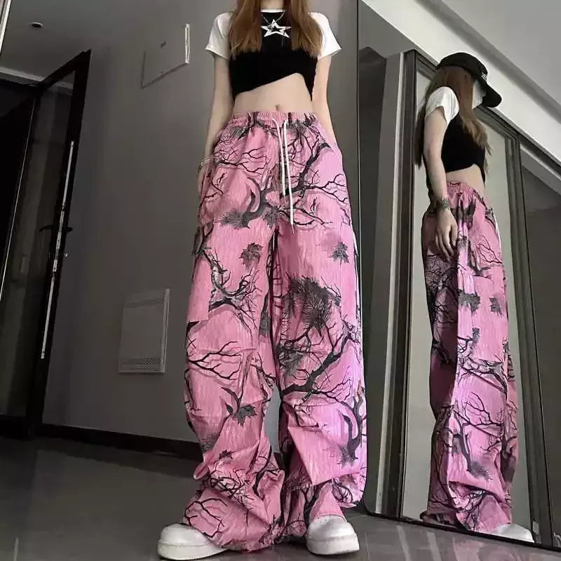 Calça casual com graffiti vintage masculina e feminina, estilo americano, estampa de camuflagem, bolso, calça de perna reta, estilo coreano, 2023