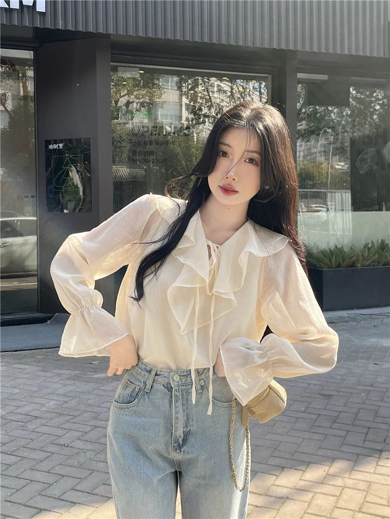 GIDYQ-Blusa coreana de meia gola aberta para mulheres, camisa de escritório para senhoras, pulôver solto, doce, todos os jogos, tops femininos chiques, sólidos, verão, novos