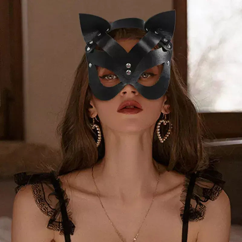 Meia face gato cosplay máscara de couro feminino olho cosplay festa de halloween pu meia máscara facial adulto suprimentos de jogo adulto jogo