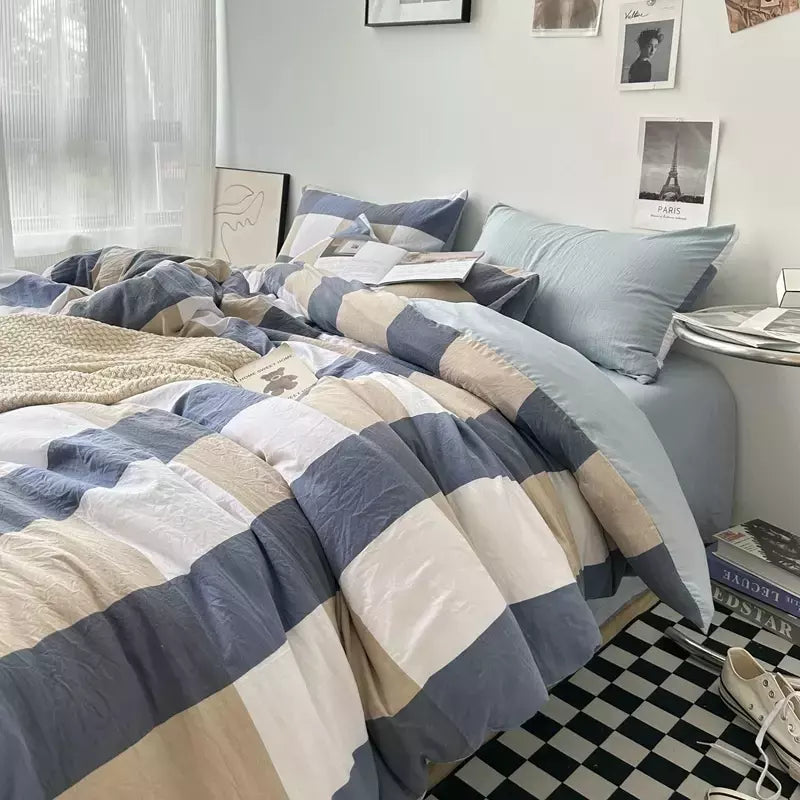 Conjunto de roupa de cama de algodão lavado, listrado, grade, lençol minimalista, consolador, capa de edredão rainha, duplo para meninos e meninas