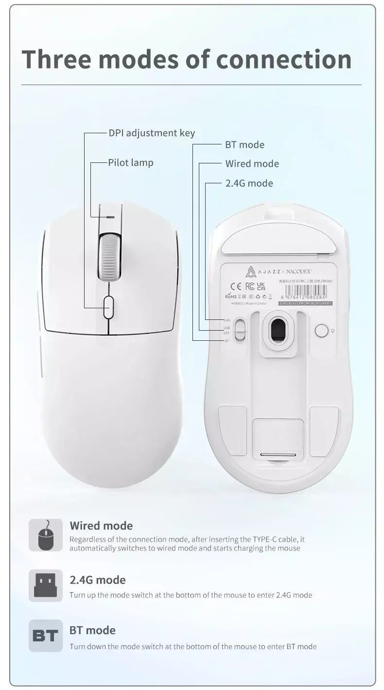 AJ139-V2-MC Tri-mode com fio/2.4GHz/BT Mouse para jogos sem fio com doca PAW3311 Chipset para jogos 12000DPI máx.