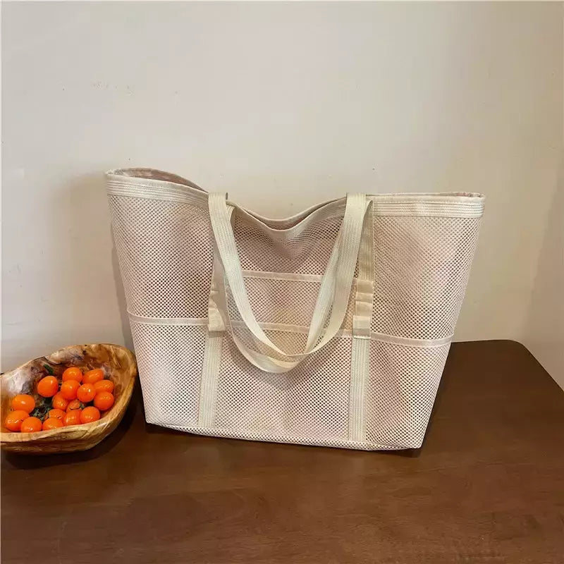 Bolsa de praia de malha portátil para mulheres, maquiagem, bolsa de lavagem, organizador de banho, Shopper Totes, verão