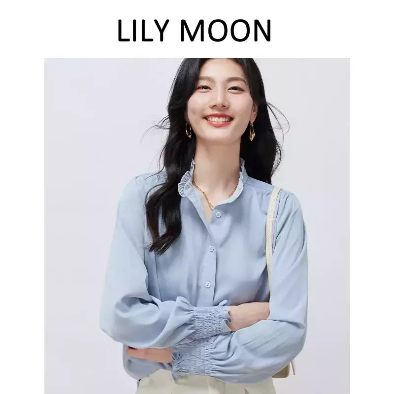 LILYMOON-Camisa de manga comprida feminina, colarinho francês, orelha de madeira, camisa casual coreana, Tops Y2K, pulôver elegante solto, batida na rua