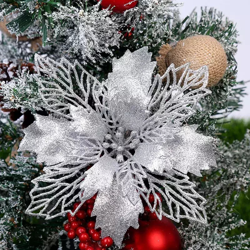 (10pcs) artificial árvore de natal flor glitter decorações enfeites de natal presente de ano novo