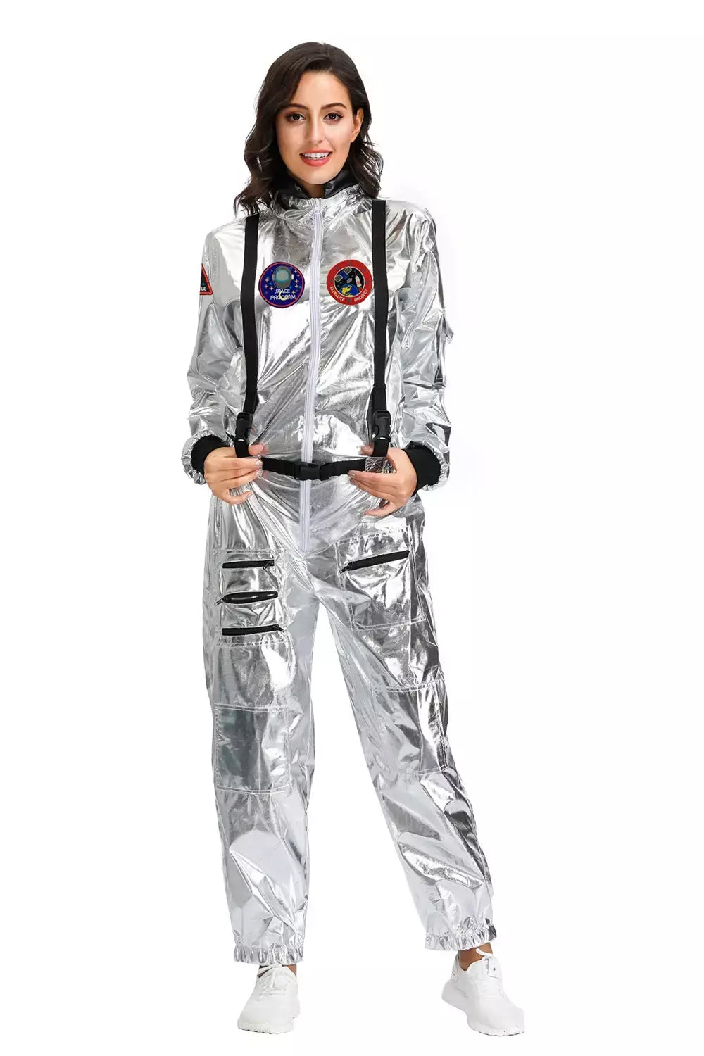 Adulto prata astronauta traje das mulheres dos homens spaceman terno espaço macacão halloween cosplay festa vestir-se
