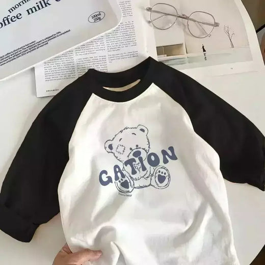 Camisetas de manga comprida de algodão puro para meninos e meninas, camiseta infantil, roupa de bebê, elegante, nova, primavera e outono