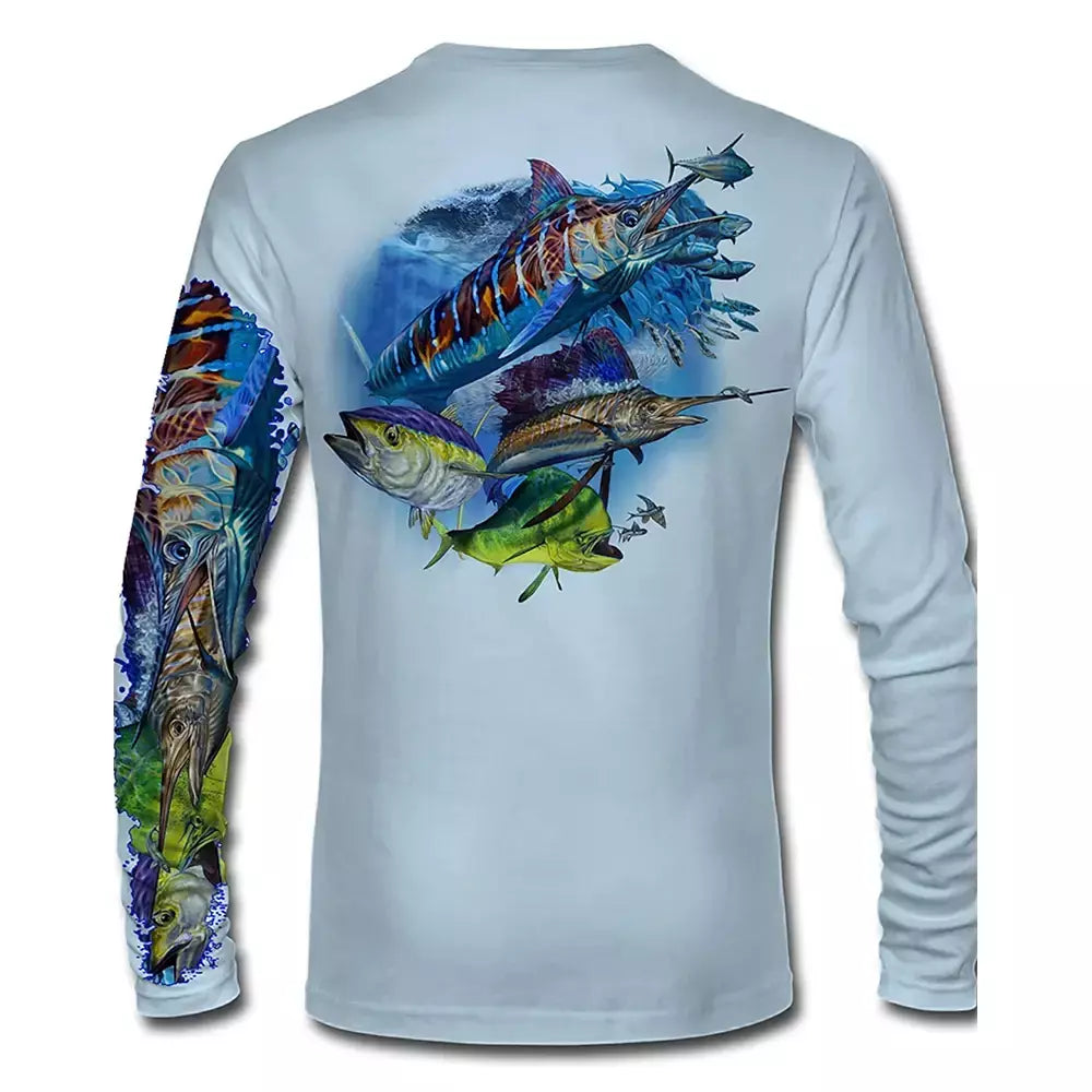 Camiseta de pesca de manga comprida masculina, 3D Fish Pattern, Casual e elegante, gola redonda, camisa extragrande, ao ar livre, novo