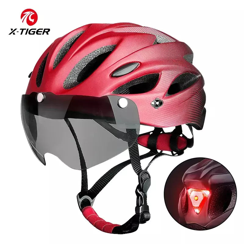X-TIGER-Capacete adulto de bicicleta com luz traseira LED, capacetes de bicicleta respiráveis, modo duplo, óculos, ciclismo, leve, ajuste, 58-62cm