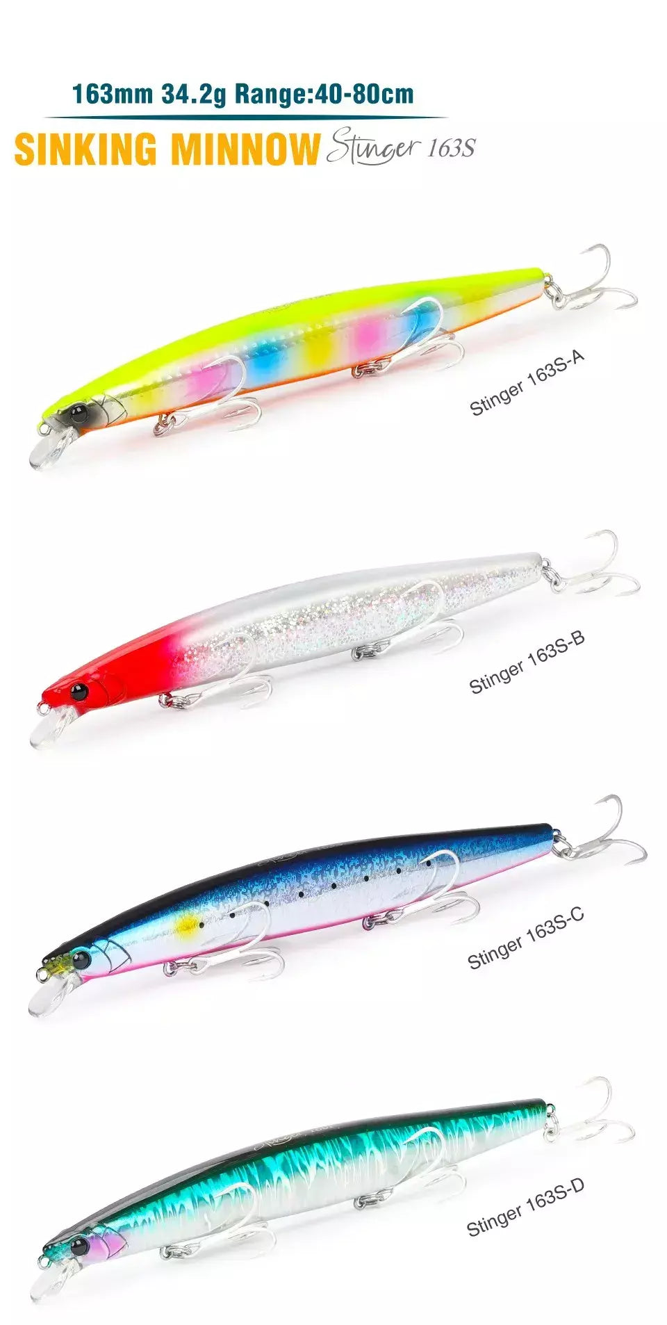 TSURIKNOYA-STINGER 163S-Ultra Long Casting Saltwater Sinking Minnow, Iscas de Pesca, Iscas Artificiais Duras para Robalo, 163mm, 34.2g