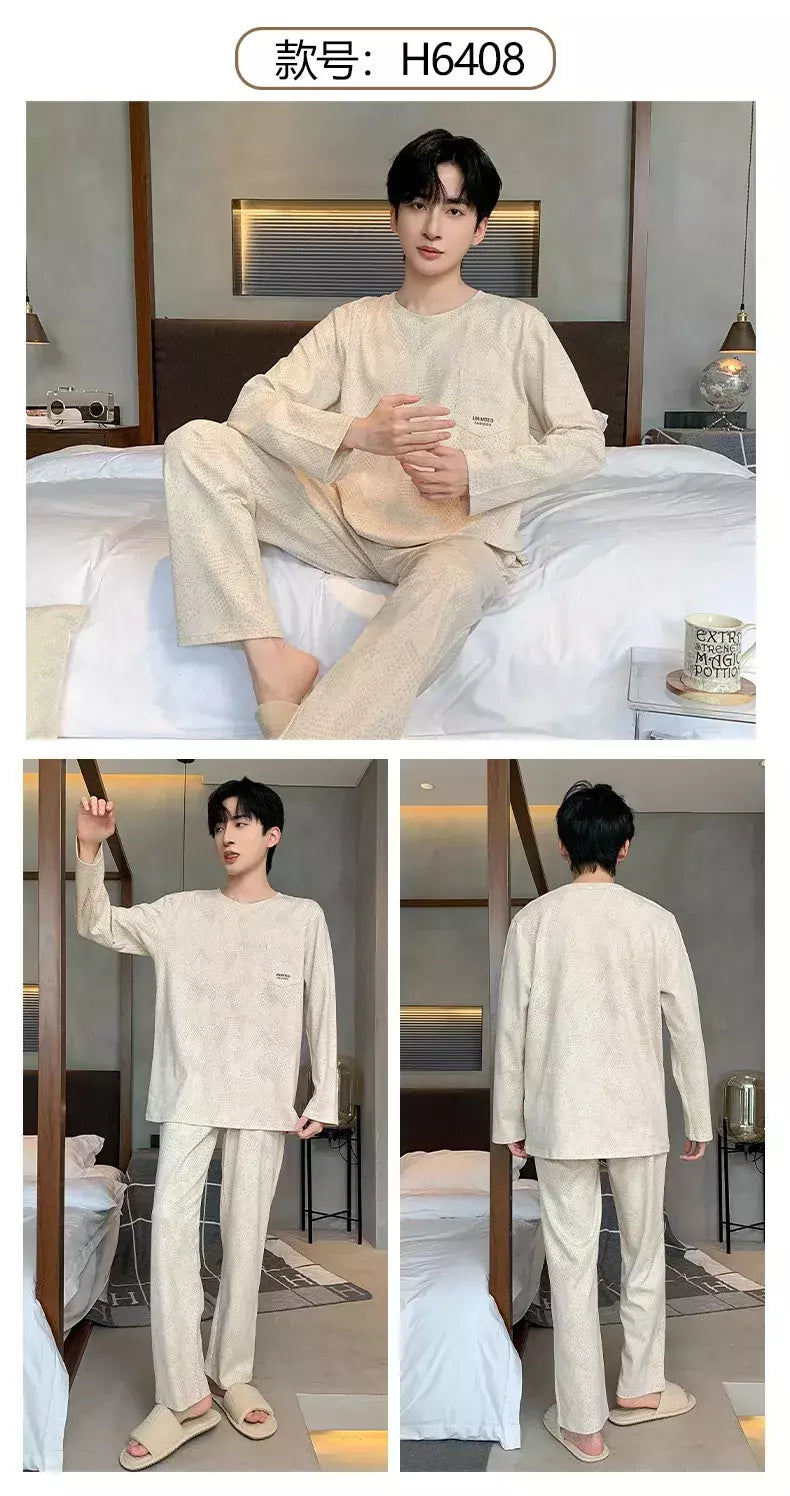 Pijama de algodão de duas peças masculino, calça de manga comprida, traje caseiro, estudante e adolescente, novo outono