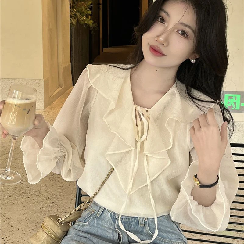 GIDYQ-Blusa coreana de meia gola aberta para mulheres, camisa de escritório para senhoras, pulôver solto, doce, todos os jogos, tops femininos chiques, sólidos, verão, novos