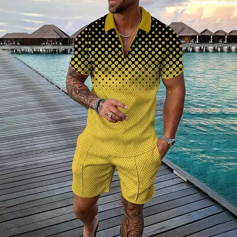 Conjunto de camisa polo e shorts masculino casual de manga curta com zíper gola v, moda verão, 2 peças, 2023