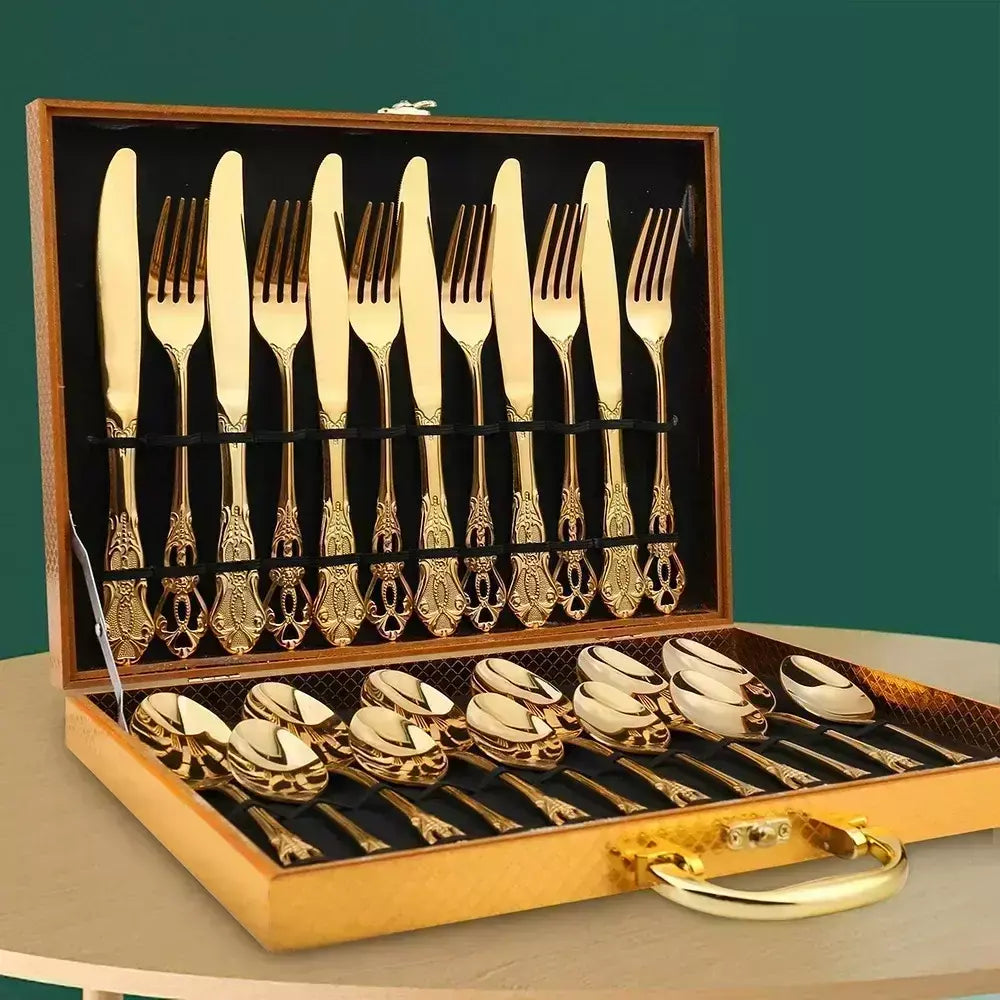 Conjunto de talheres de aço inoxidável dourado, colher europeia real, garfo, talheres completos, design retrô, seguro para máquina de lavar louça, talheres elegantes