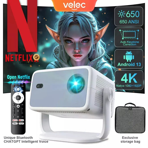 Projetor velec tp350 650 ansi 4k hd 1080p foco automático android 13 wifi6 bt5.2 portátil vídeo ao ar livre projetor de cinema em casa inteligente