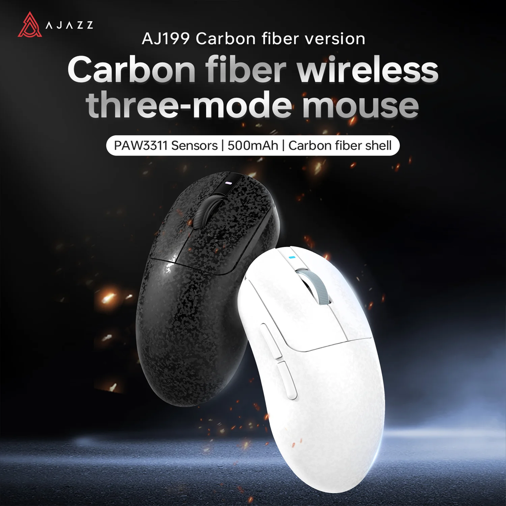 Ajazz aj199 mouse para jogos de três modos 24000dpi/paw3311 sensor/design ultrafino de fibra de carbono/2.4g + bluetooth 5.0 + mouse com fio