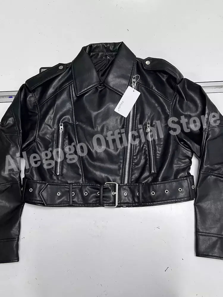 Ailegogo-Jaqueta curta feminina de couro PU falso com cinto, casaco de motociclista, lapela com zíper feminino, outwear solto, primavera, outono