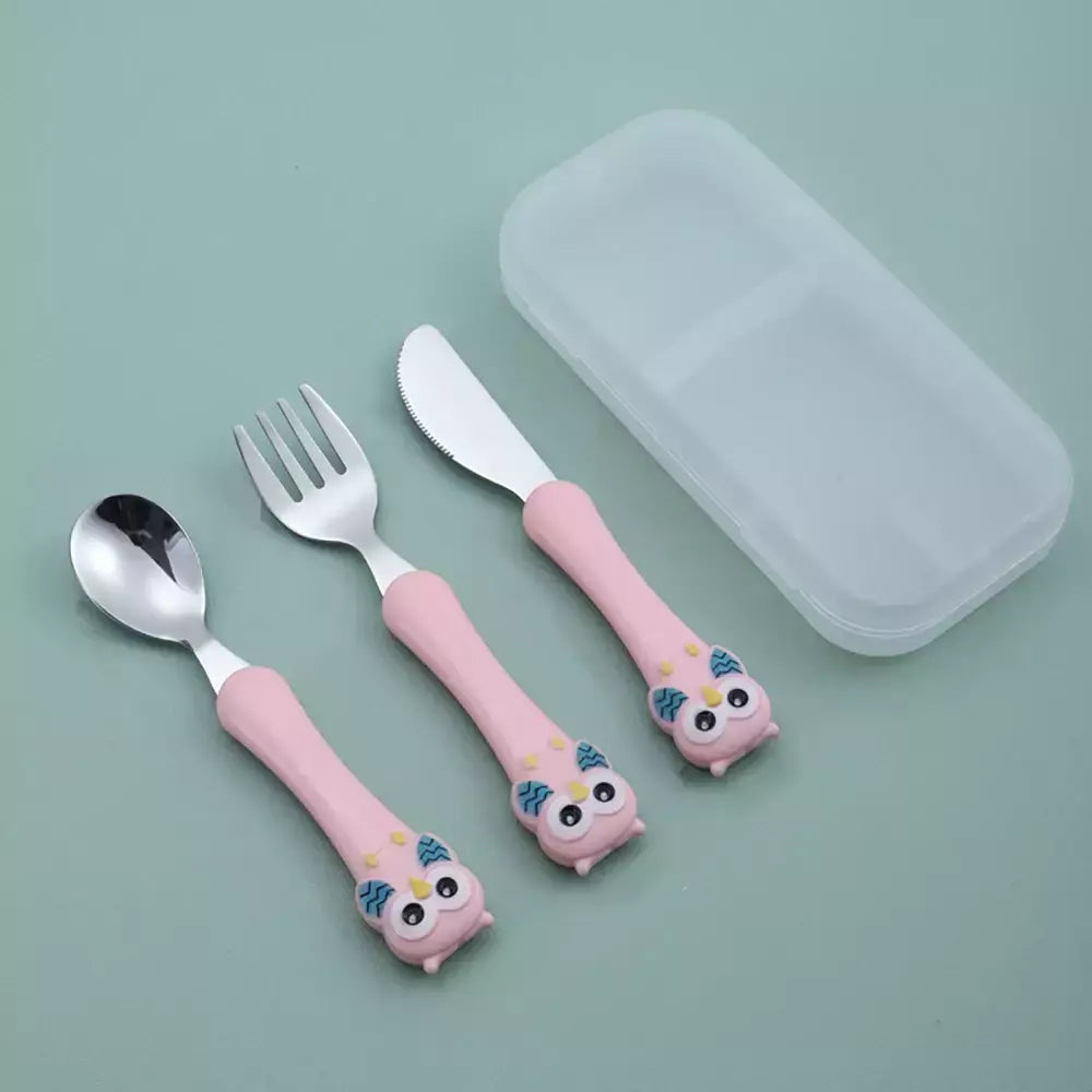 Talheres portáteis de aço inoxidável para crianças, Spoon Forks Box Utensílios de alimentação do bebê Conjunto de talheres para bebês, 3pcs