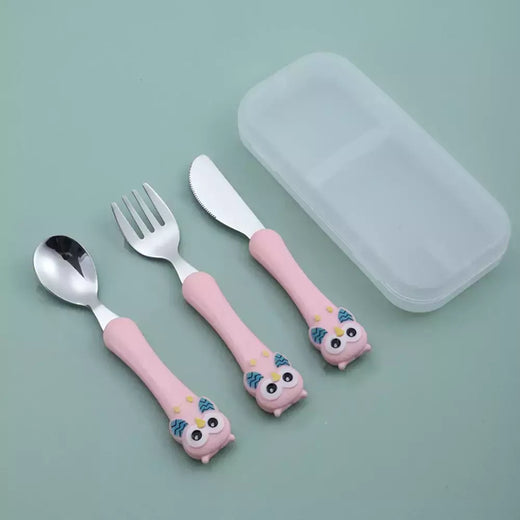 Talheres portáteis de aço inoxidável para crianças, Spoon Forks Box Utensílios de alimentação do bebê Conjunto de talheres para bebês, 3pcs
