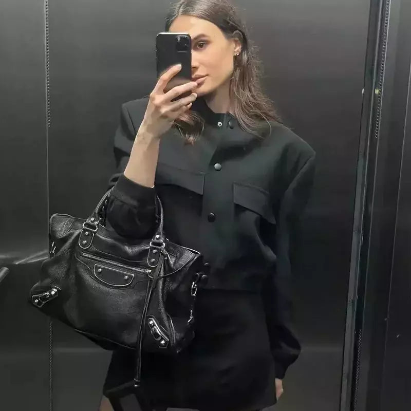 Jaqueta Bomber Cropped feminina, Casaco de manga comprida, Beisebol de botões, Casaco Aviador, Preto, Branco, Outono, Inverno
