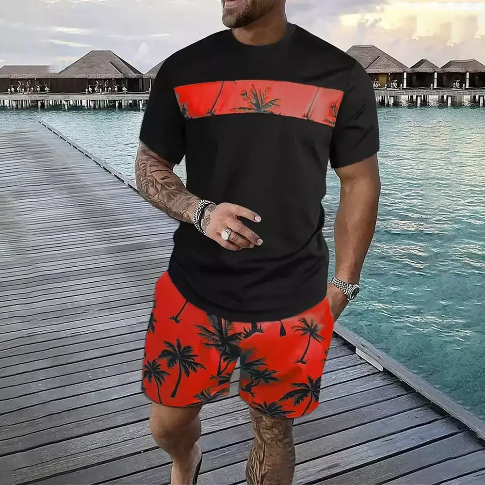 Conjunto de camiseta e shorts casuais masculinos, tops de praia estampados em 3D, moda streetwear, roupas esportivas, estilo havaiano, novo, 2 peças
