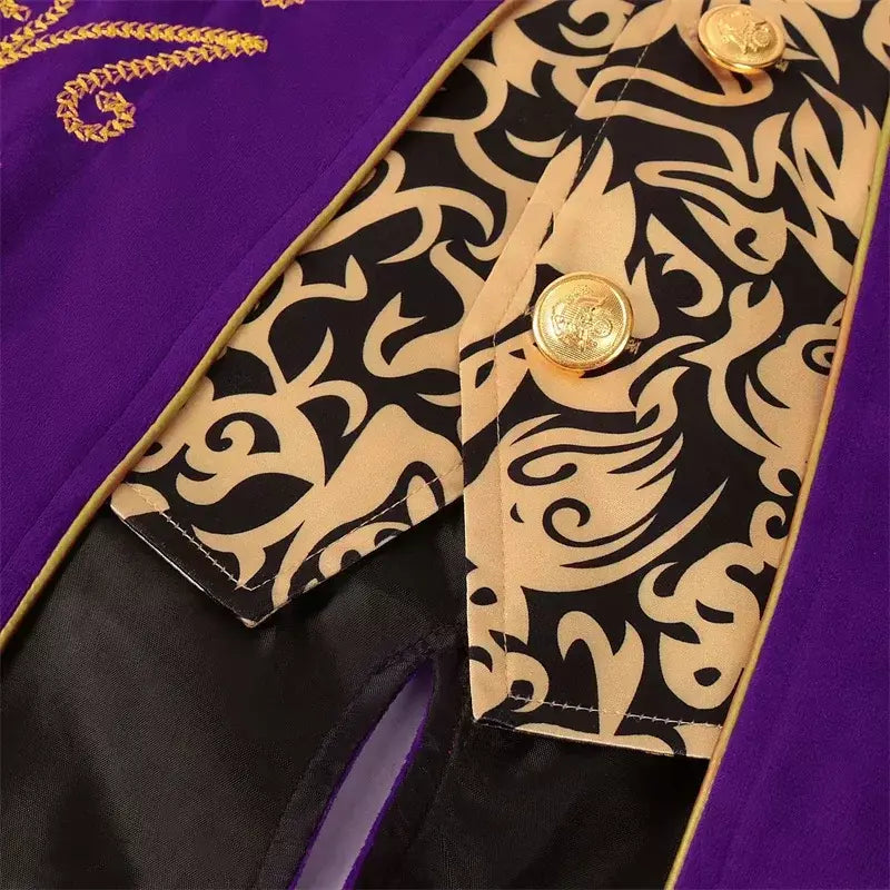 Outono novo roxo masculino luxo jacquard smoking, retalhos impresso casacos, tamanho europeu preto masculino mardi gras vestido longo jaqueta.