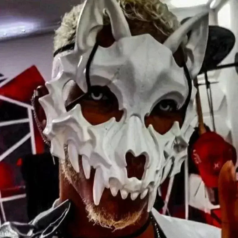 Festa crânio máscara dentes longos demônio esqueleto meia máscara facial lobo dragão tigre houjuu nue máscara cosplay traje de halloween adereços