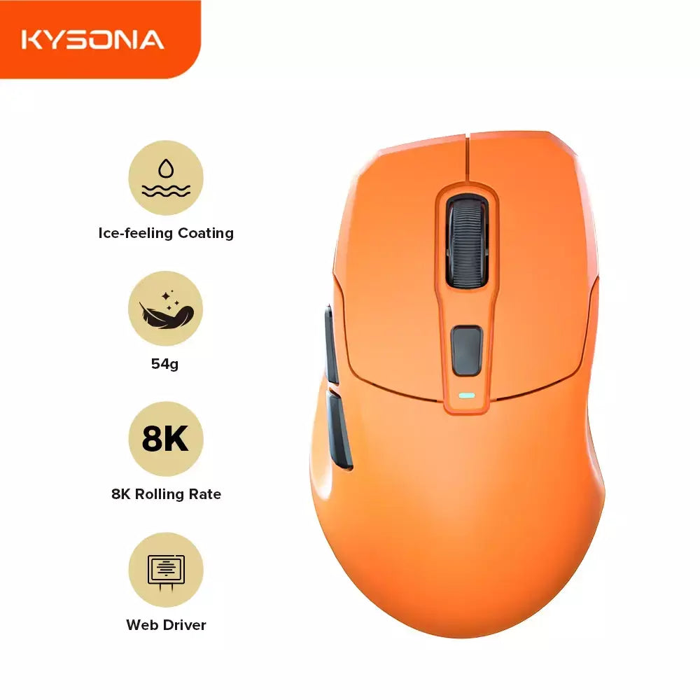Kysona uranus pro mouse para jogos sem fio mouse ergonômico paw3395 54g 8khz taxa de pesquisa 26000dpi para mão direita grande pc gamer