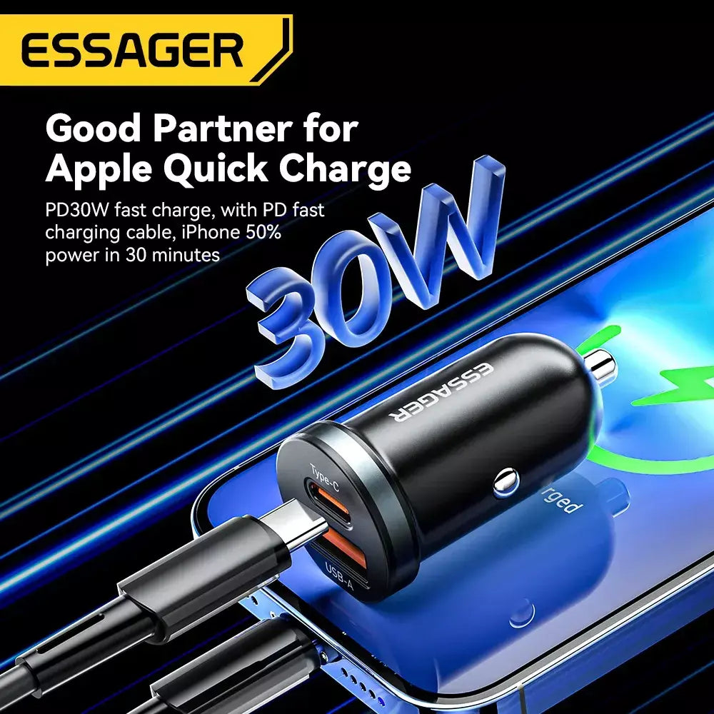 Essager 30w usb c carregador de carro tipo c carregador rápido pd qc 3.0 scp 5a carregamento rápido carga do telefone do carro para iphone xiaomi samsung