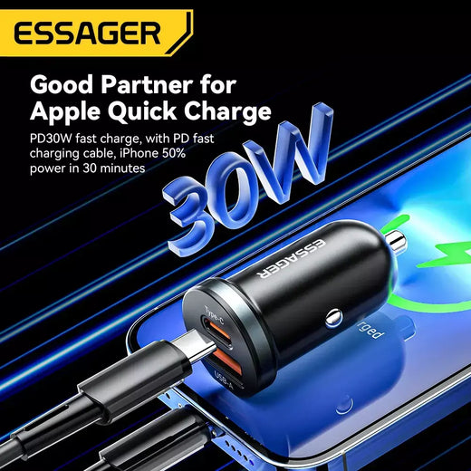 Essager 30w usb c carregador de carro tipo c carregador rápido pd qc 3.0 scp 5a carregamento rápido carga do telefone do carro para iphone xiaomi samsung