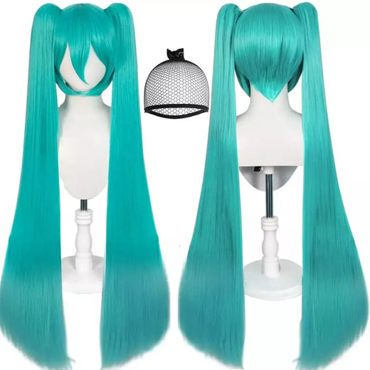 Peruca longa sintética verde com 2 rabos de cavalo para mulheres perucas miku longas e retas com franja para cosplay peruca para festa de halloween ?