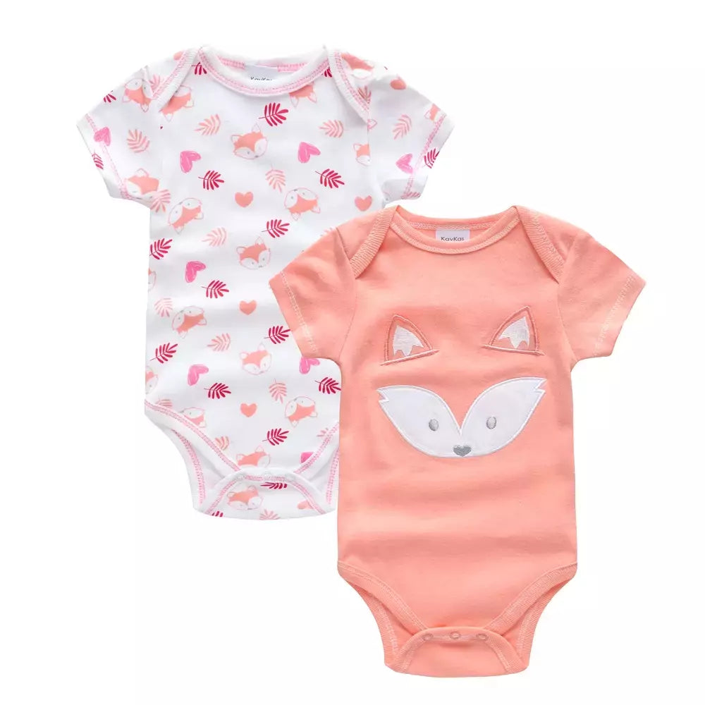 -Bodysuit de manga curta para bebês, roupas recém-nascidas, 100% algodão, Fox Design, Verão, Girl Clothing, 0-12M, 2 pcs por lote