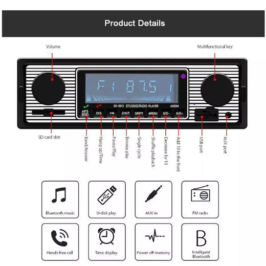 Rádio automotivo 1 din, bluetooth, áudio estéreo, vintage, sem fio, mp3, reprodutor multimídia, aux, usb, fm, 12v, reprodutor de áudio estéreo